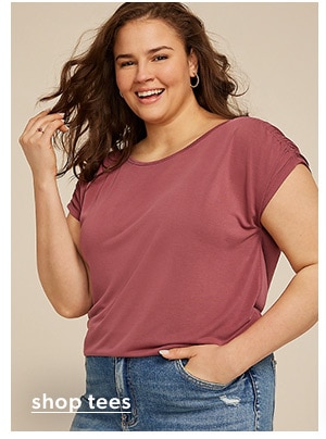 Shop tees. Model wearing maurices clothing.