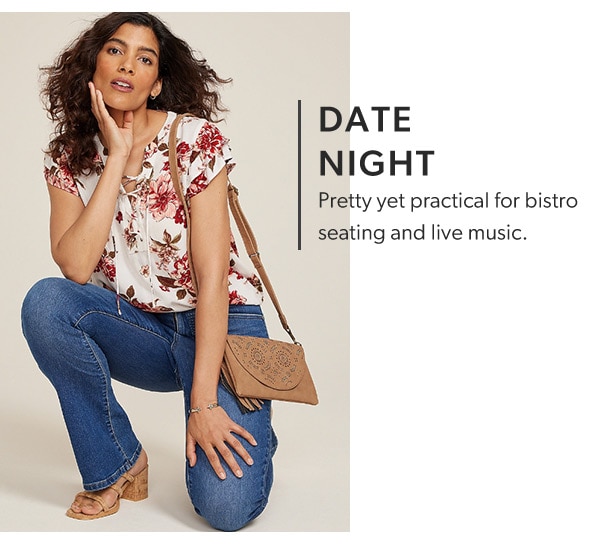 Date night. Pretty yet practical for bistro seating and live music. Model wearing maurices clothing.