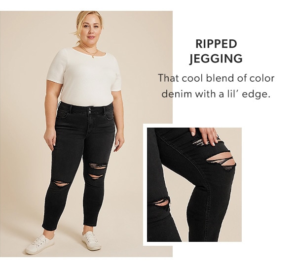 Ripped jegging. That cool blend of color denim with a lil’ edge. Model wearing maurices clothing.