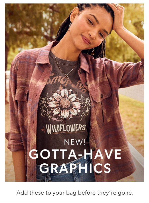New! Gotta-have graphics. Add these to your bag before they’re gone. Model wearing maurices clothing.
