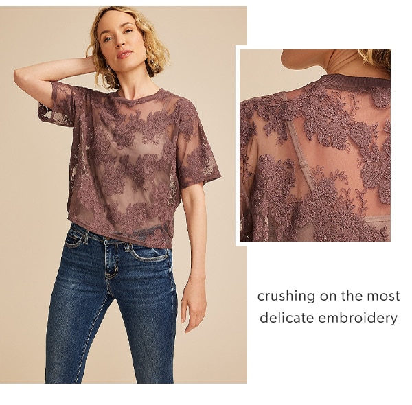 Crushing on the most delicate embroidery. Model wearing maurices clothing.
