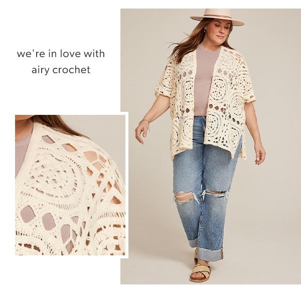 We're in love with airy crochet. Model wearing maurices clothing.