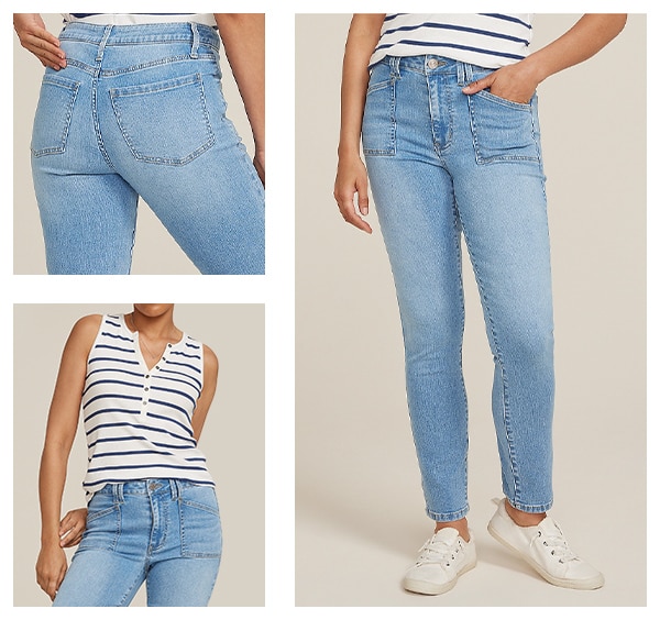 Model wearing maurices slim straight jean.