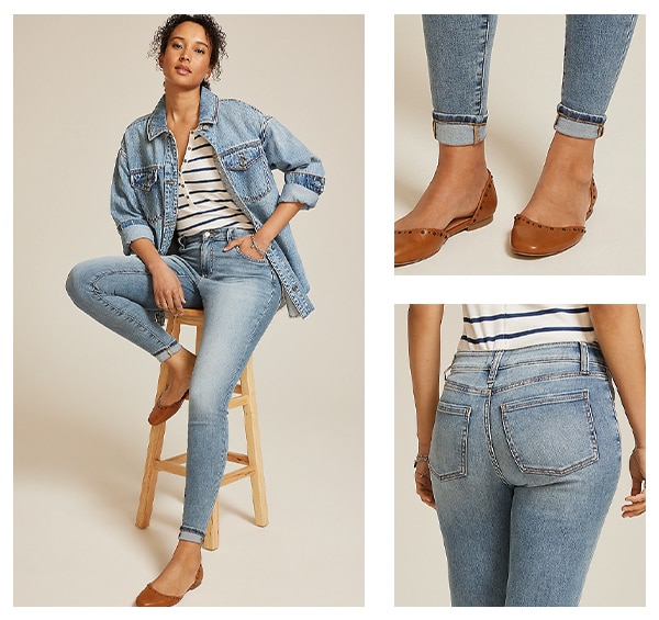 Model wearing maurices denim jegging.