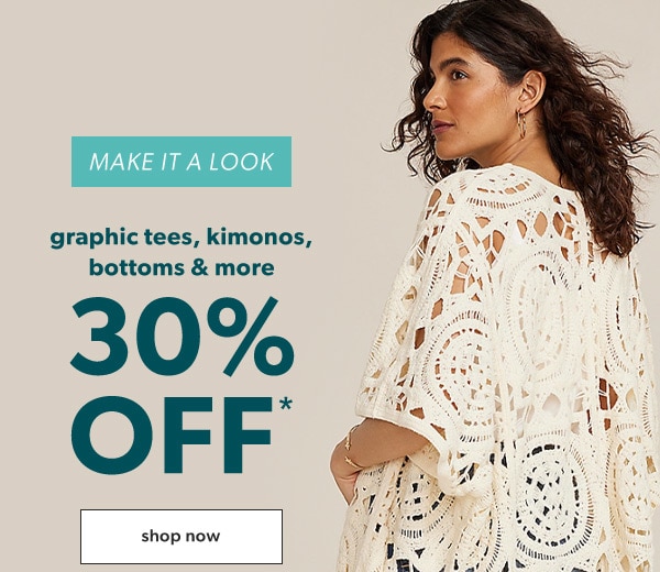 Make it a look. Graphic tees, kimonos, bottoms & more 30% off*. Model wearing maurices clothing.