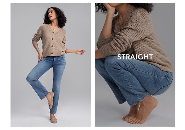Straight. Model wearing maurices clothing.