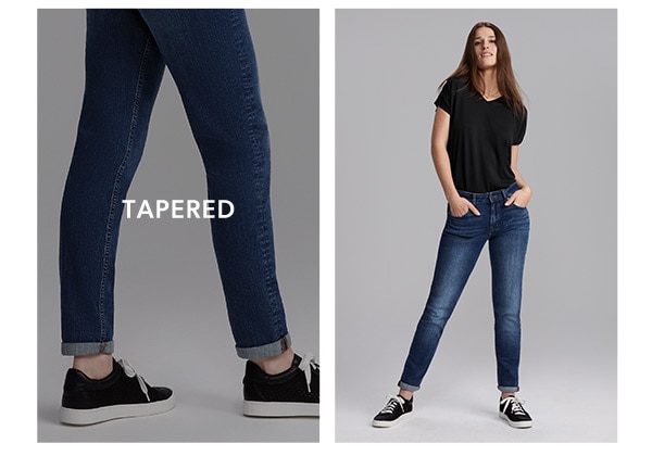 Tapered. Model wearing maurices clothing.