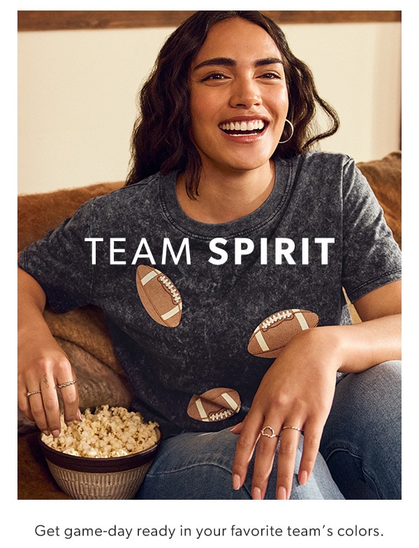 Team spirit. Get game-day ready in your favorite team’s colors. Model wearing maurices clothing.