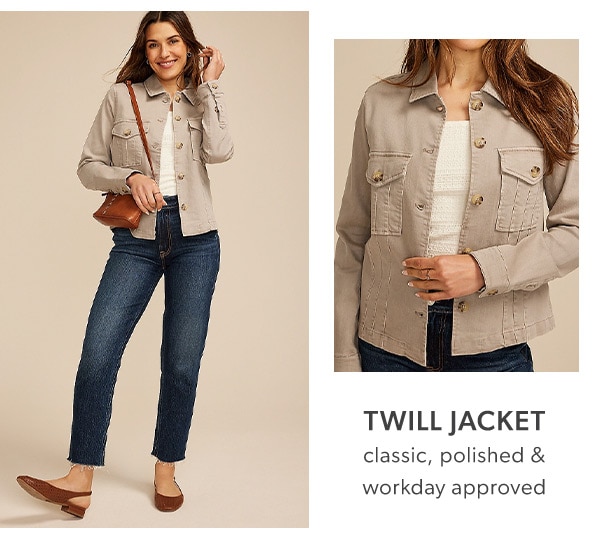 Twill jacket. Classic, polished & workday approved. Model wearing maurices clothing.