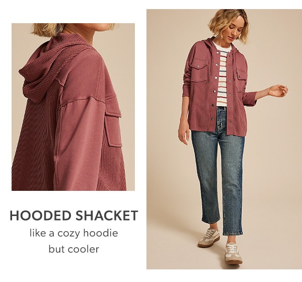 Hooded shacket. Like a cozy hoodie but cooler. Model wearing maurices clothing.