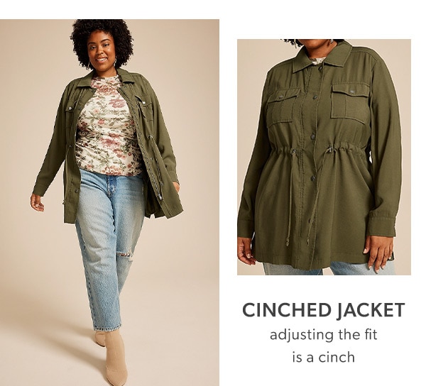 Cinched jacket. Adjusting the fit is a cinch. Model wearing maurices clothing.